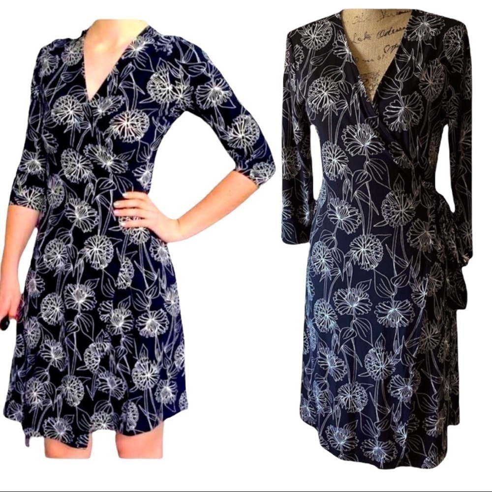 BANANA REPUBLIC Black & White Floral Wrap Dress Wrinkle Resistant Goth NWOT - Picture 8 of 15